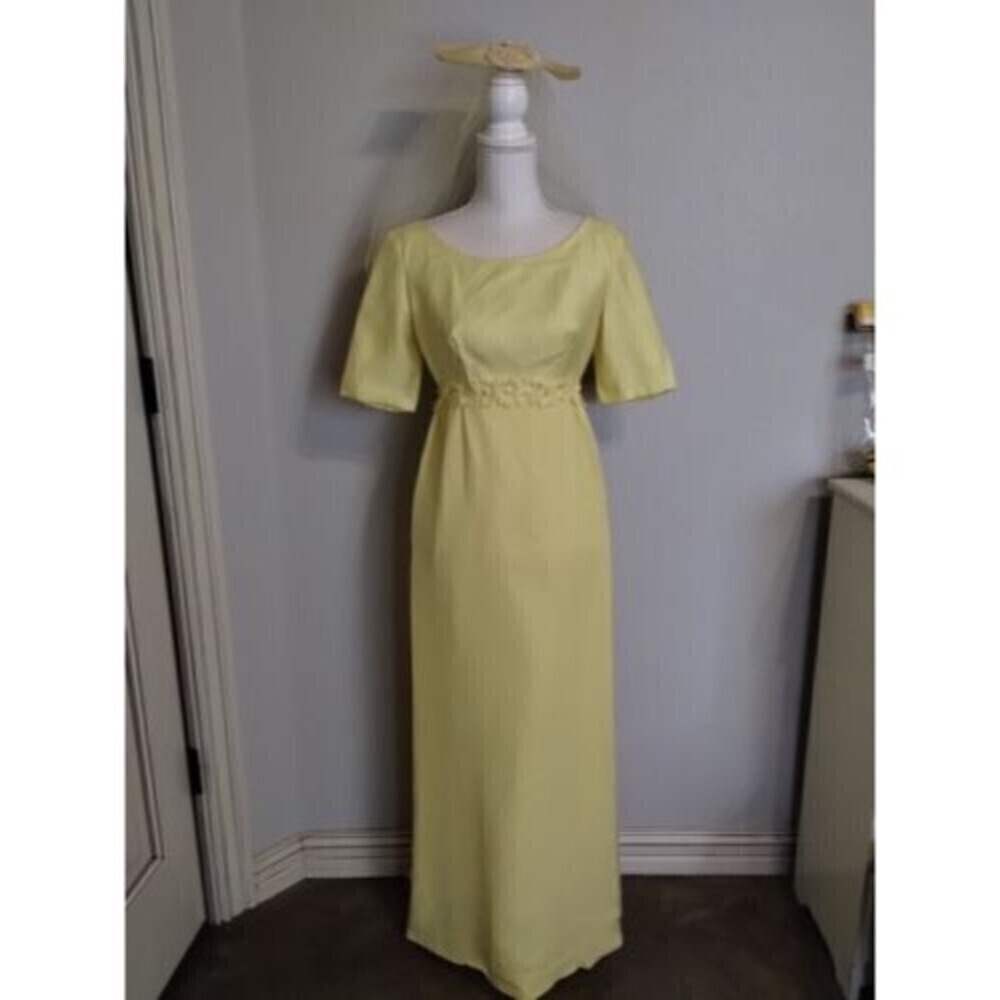 Vintage 60-70s Yellow Dress Size 9 Prom Wedding Bow Headdress Empire Waist